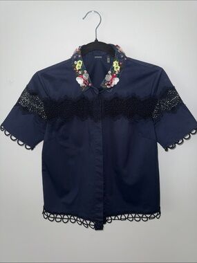 Ellie Tahari Embellished Navy Short-Sleeve Top